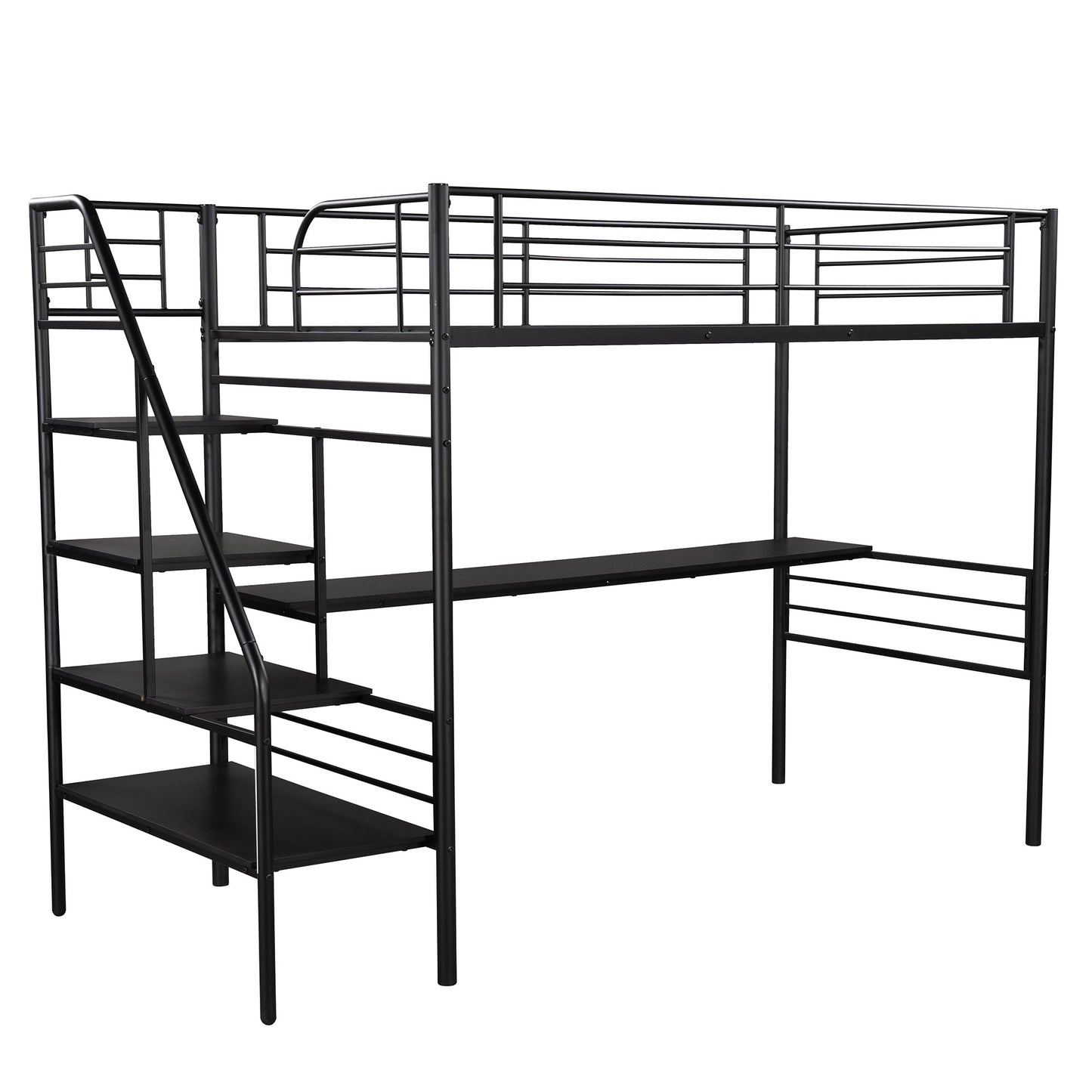 Mod Black Twin Size Metal Loft Bed with Desk and Stairs