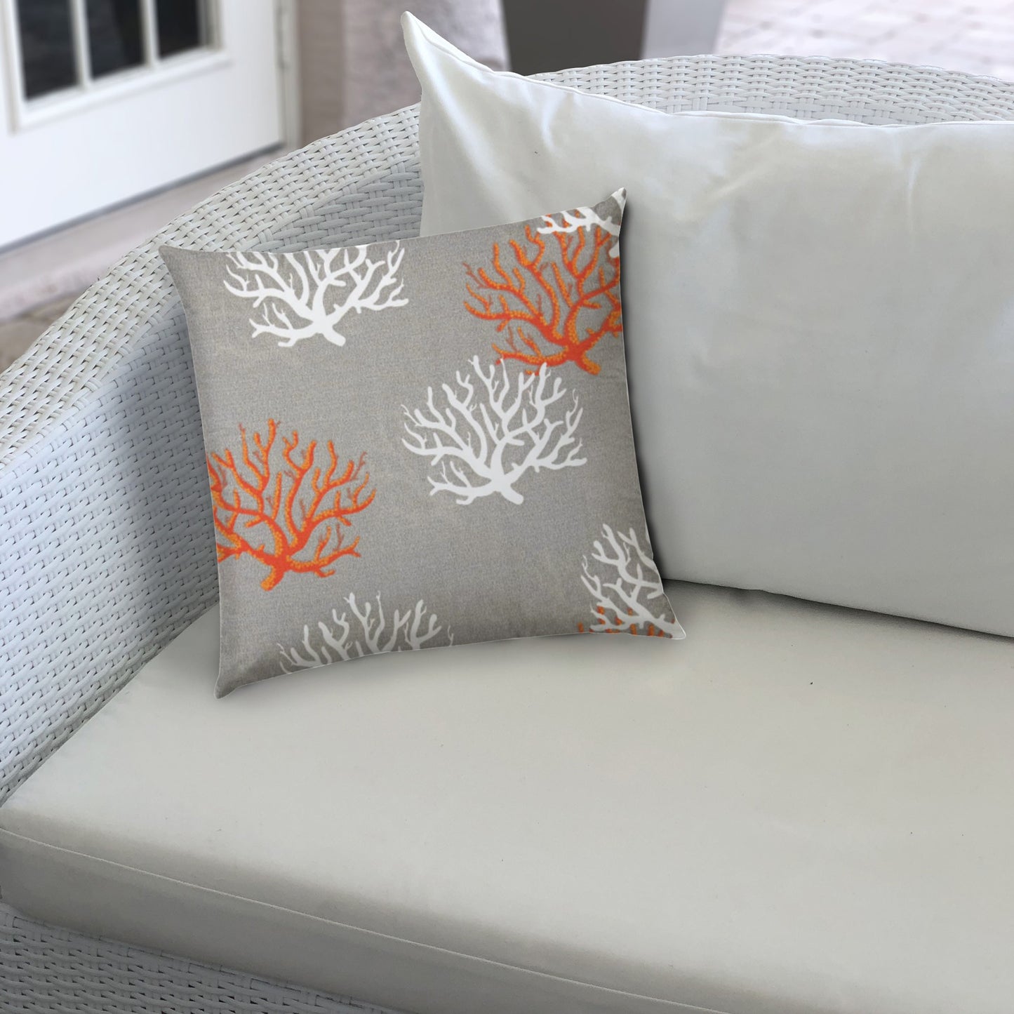 14" X 20" Gray And White Corals Blown Seam Nautical Lumbar Indoor Outdoor Pillow