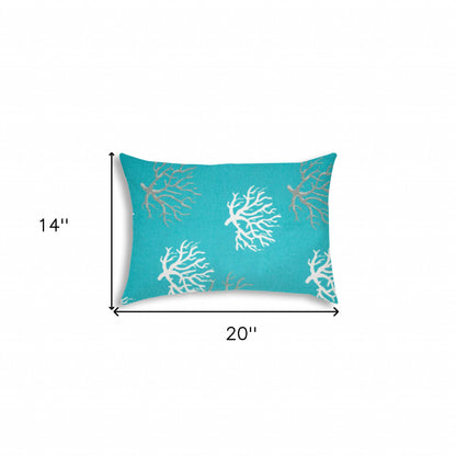 14" X 20" Aqua And White Corals Blown Seam Coastal Lumbar Indoor Outdoor Pillow