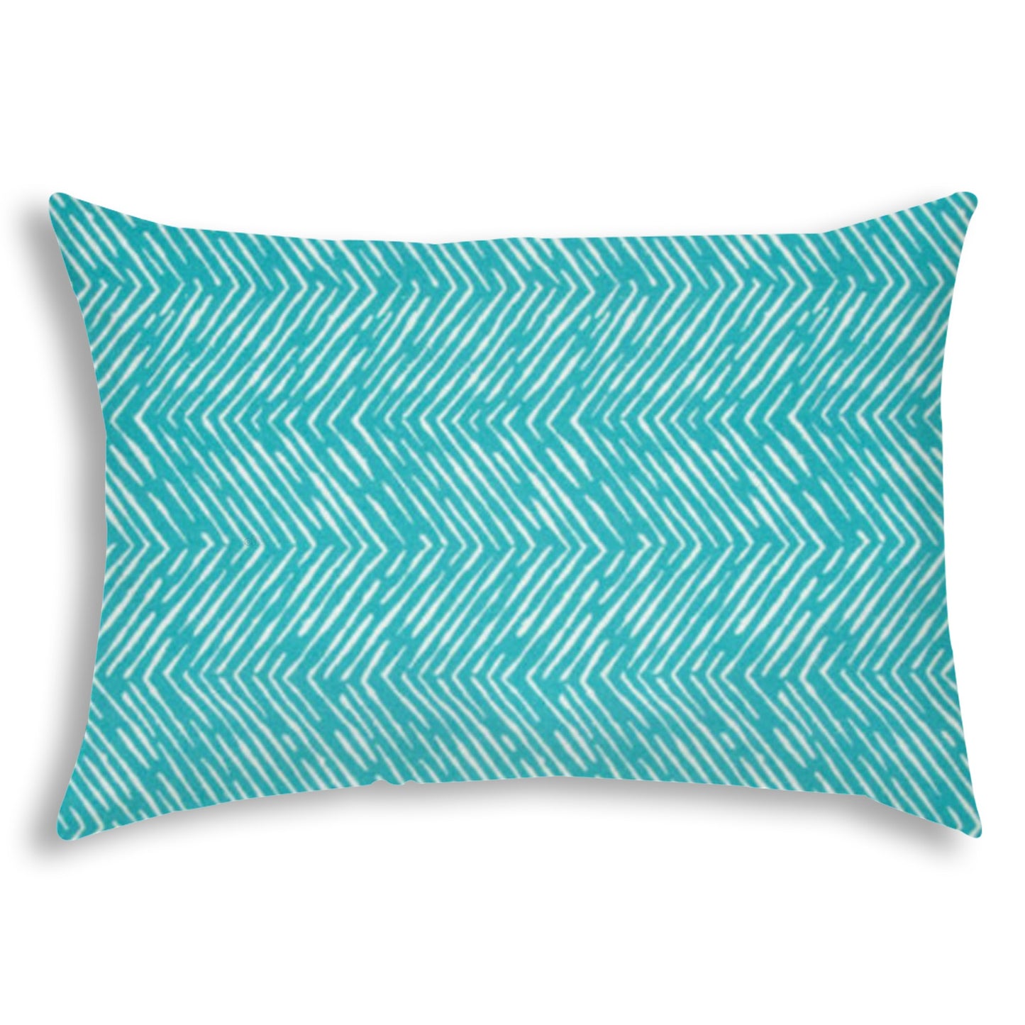 14" X 20" Turquoise And White Blown Seam Zigzag Lumbar Indoor Outdoor Pillow