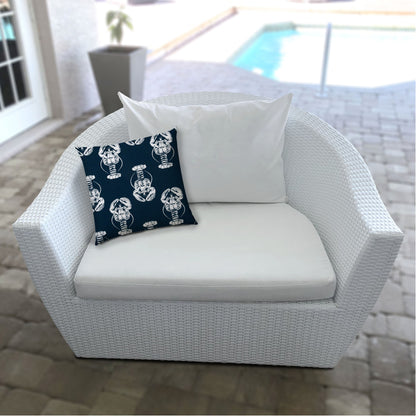 14" X 20" Navy Blue And White Lobster Blown Seam Lumbar Indoor Outdoor Pillow