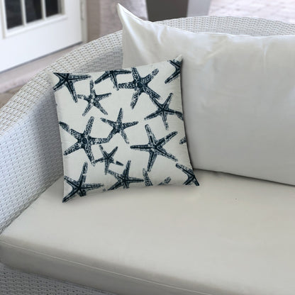 14" X 20" Navy Blue And White Starfish Blown Seam Coastal Lumbar Indoor Outdoor Pillow