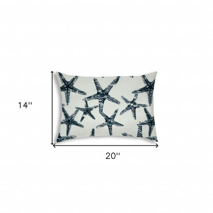 14" X 20" Navy Blue And White Starfish Blown Seam Coastal Lumbar Indoor Outdoor Pillow