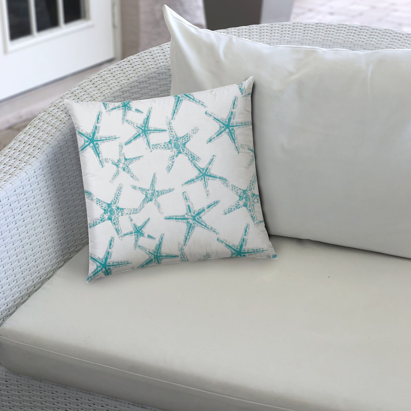 14" X 20" Turquoise And White Starfish Blown Seam Nautical Lumbar Indoor Outdoor Pillow