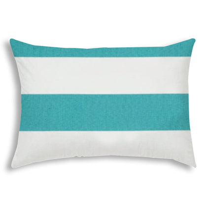 14" X 20" Turquoise And White Blown Seam Striped Lumbar Indoor Outdoor Pillow
