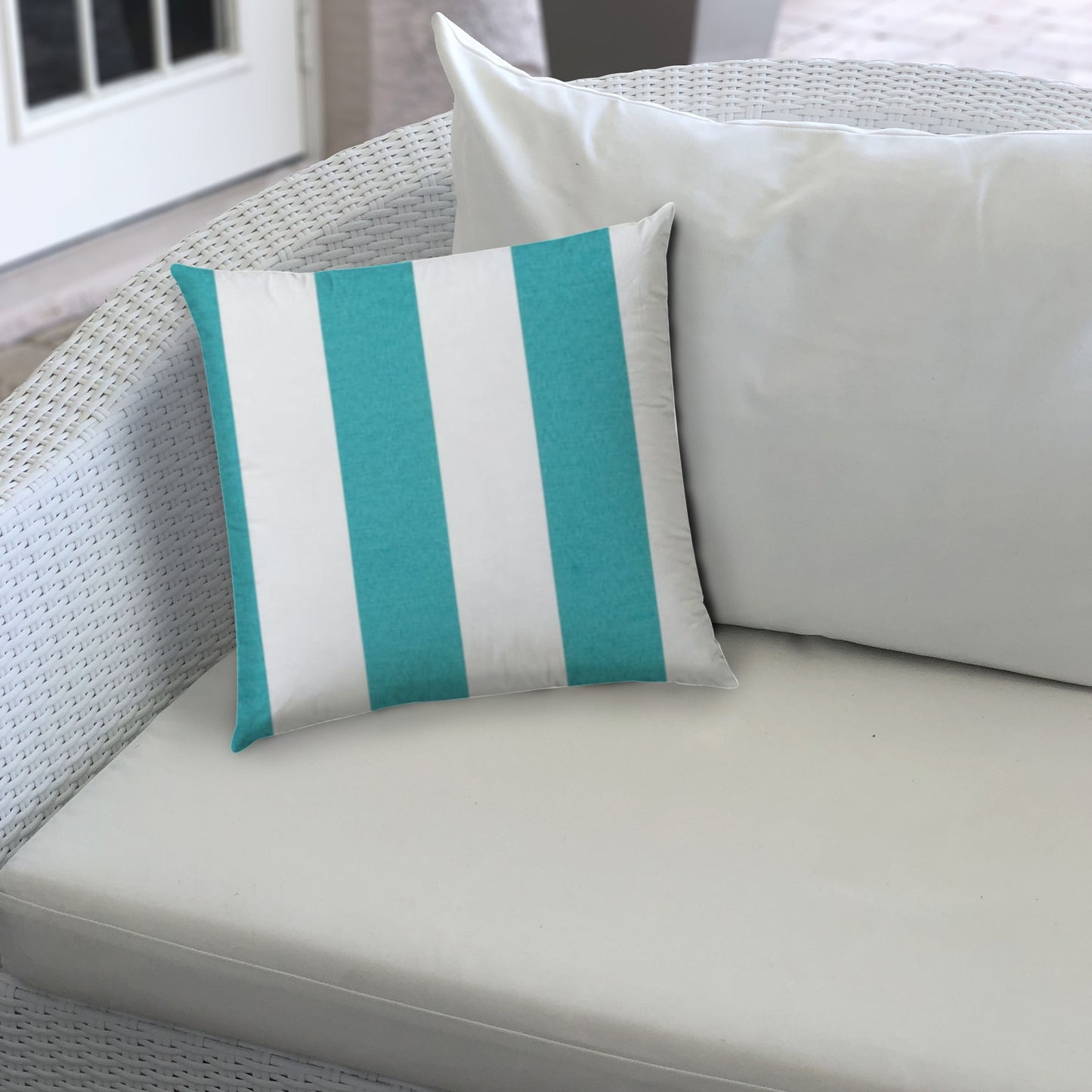 14" X 20" Turquoise And White Blown Seam Striped Lumbar Indoor Outdoor Pillow