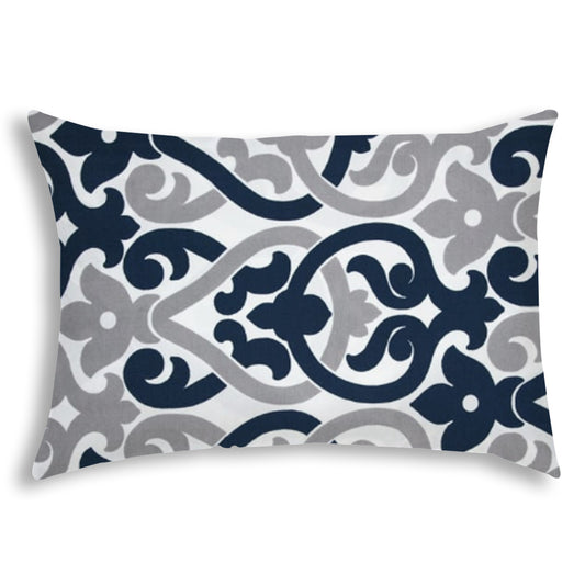 14" X 20" Navy Blue And White Blown Seam Trellis Lumbar Indoor Outdoor Pillow