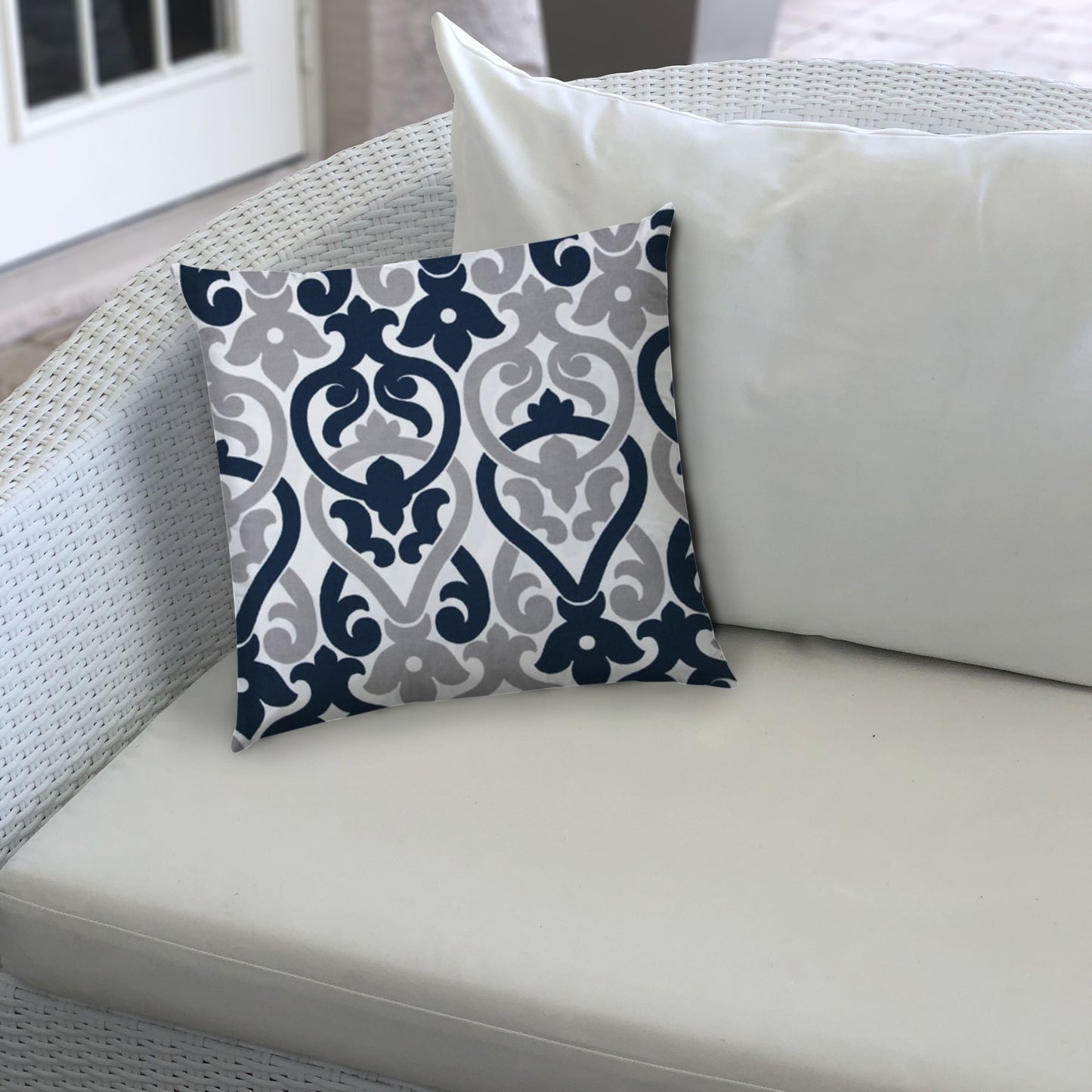 14" X 20" Navy Blue And White Blown Seam Trellis Lumbar Indoor Outdoor Pillow