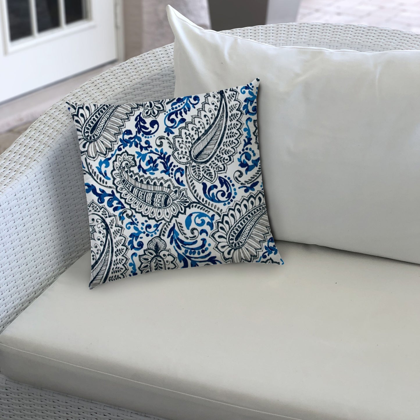 14" X 20" White And Blue Blown Seam Paisley Lumbar Indoor Outdoor Pillow
