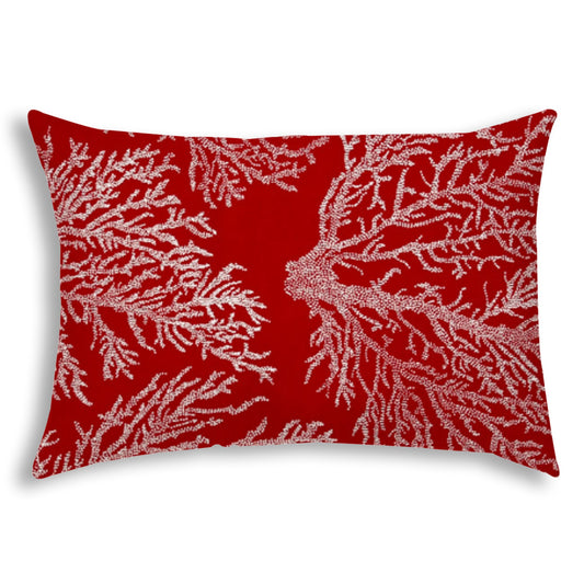 14" X 20" Red And White Corals Blown Seam Coastal Lumbar Indoor Outdoor Pillow
