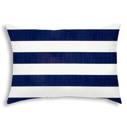 14" X 20" Navy Blue And White Blown Seam Striped Lumbar Indoor Outdoor Pillow