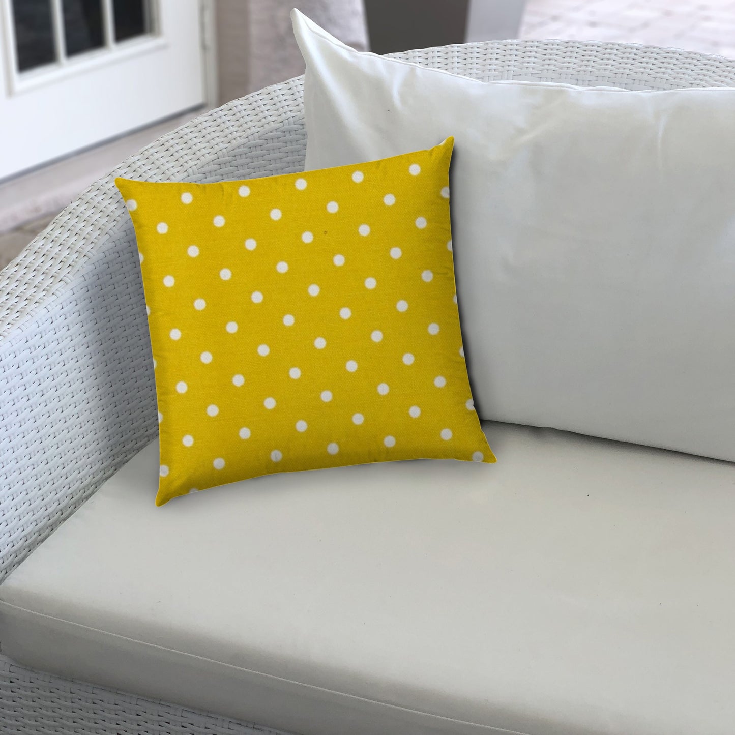 14" X 20" White And Yellow Blown Seam Polka Dots Lumbar Indoor Outdoor Pillow