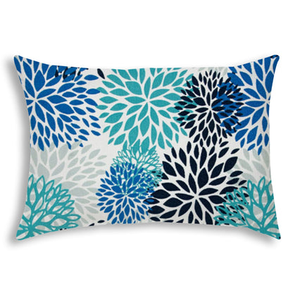 14" X 20" Blue And White Blown Seam Floral Lumbar Indoor Outdoor Pillow
