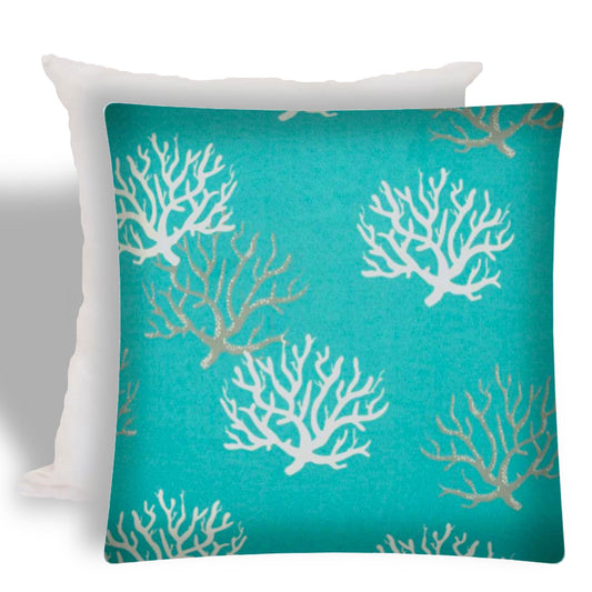 17" X 17" Aqua And White Corals Zippered Coastal Throw Indoor Outdoor Pillow
