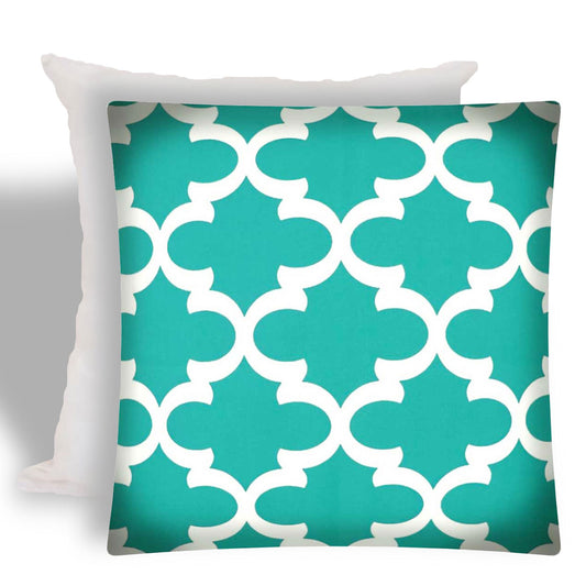 17" X 17" Turquoise And White Zippered Quatrefoil Throw Indoor Outdoor Pillow