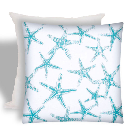 17" X 17" Turquoise And White Starfish Zippered Coastal Throw Indoor Outdoor Pillow