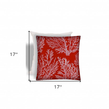 17" X 17" Red And White Corals Zippered Coastal Throw Indoor Outdoor Pillow