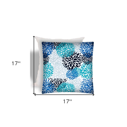 17" X 17" Blue And White Zippered Floral Throw Indoor Outdoor Pillow