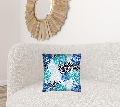 17" X 17" Blue And White Zippered Floral Throw Indoor Outdoor Pillow
