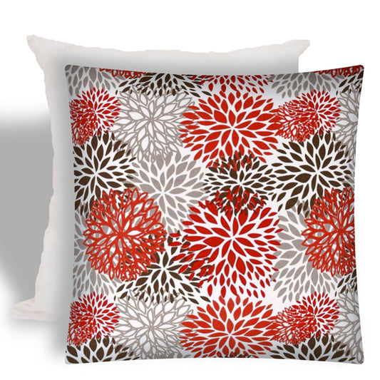 17" X 17" Red And White Zippered Floral Throw Indoor Outdoor Pillow