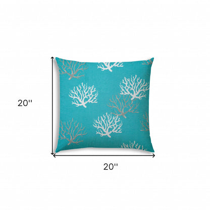 20" X 20" Aqua And White Corals Blown Seam Coastal Throw Indoor Outdoor Pillow