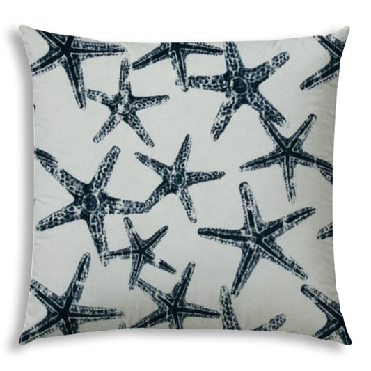 20" X 20" Navy Blue And White Starfish Blown Seam Coastal Throw Indoor Outdoor Pillow