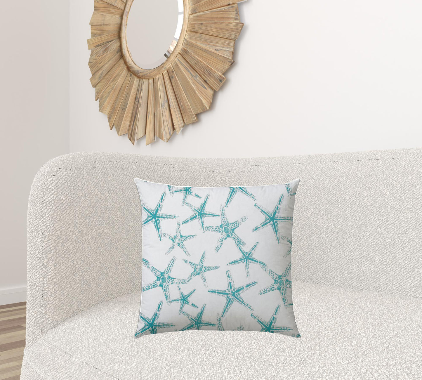 20" X 20" Turquoise And White Starfish Blown Seam Coastal Throw Indoor Outdoor Pillow