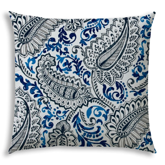 20" X 20" White And Blue Blown Seam Paisley Throw Indoor Outdoor Pillow