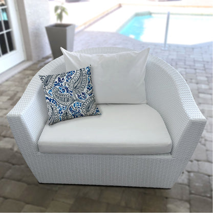 20" X 20" White And Blue Blown Seam Paisley Throw Indoor Outdoor Pillow