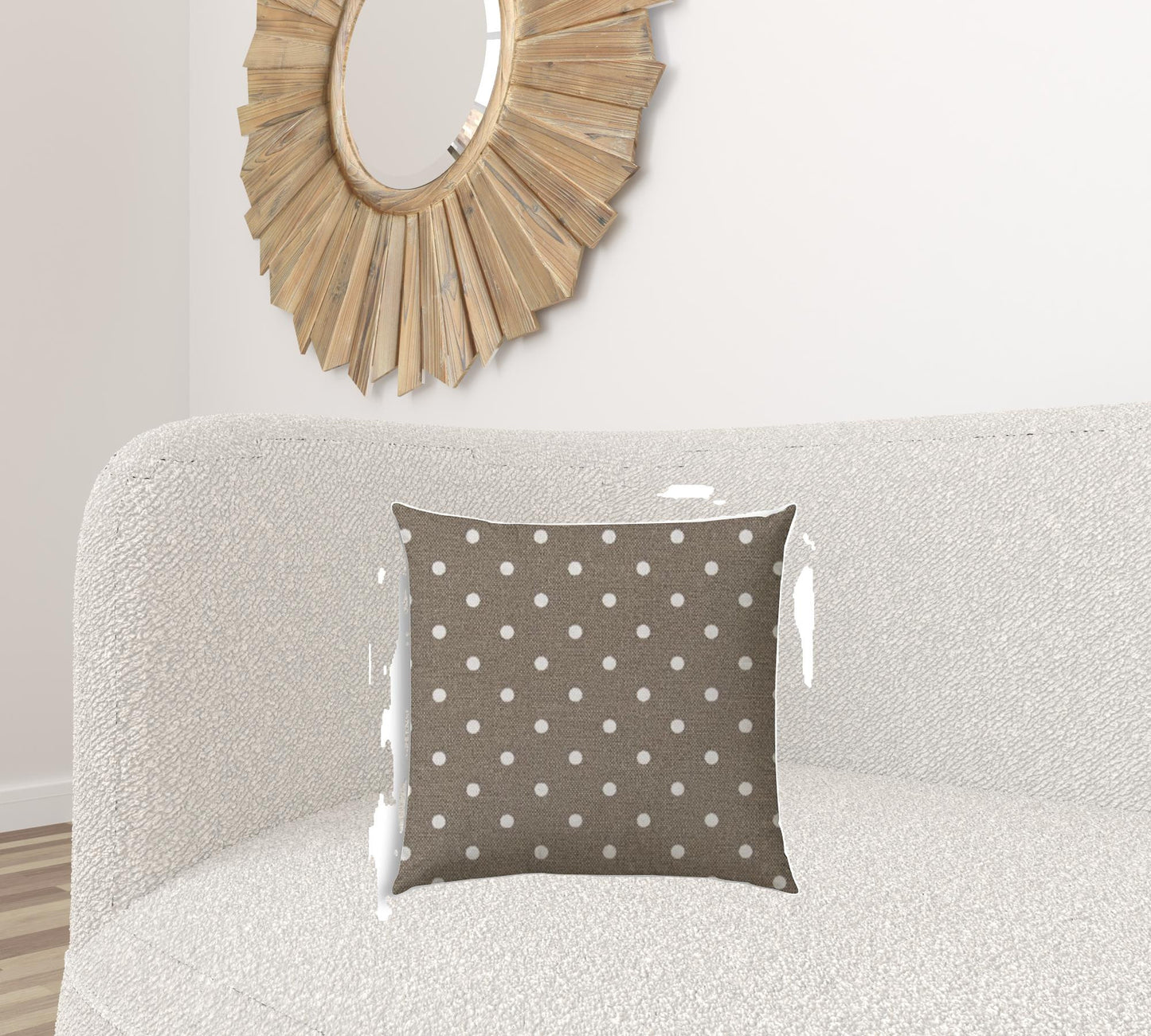 20" X 20" Taupe And White Blown Seam Polka Dots Throw Indoor Outdoor Pillow