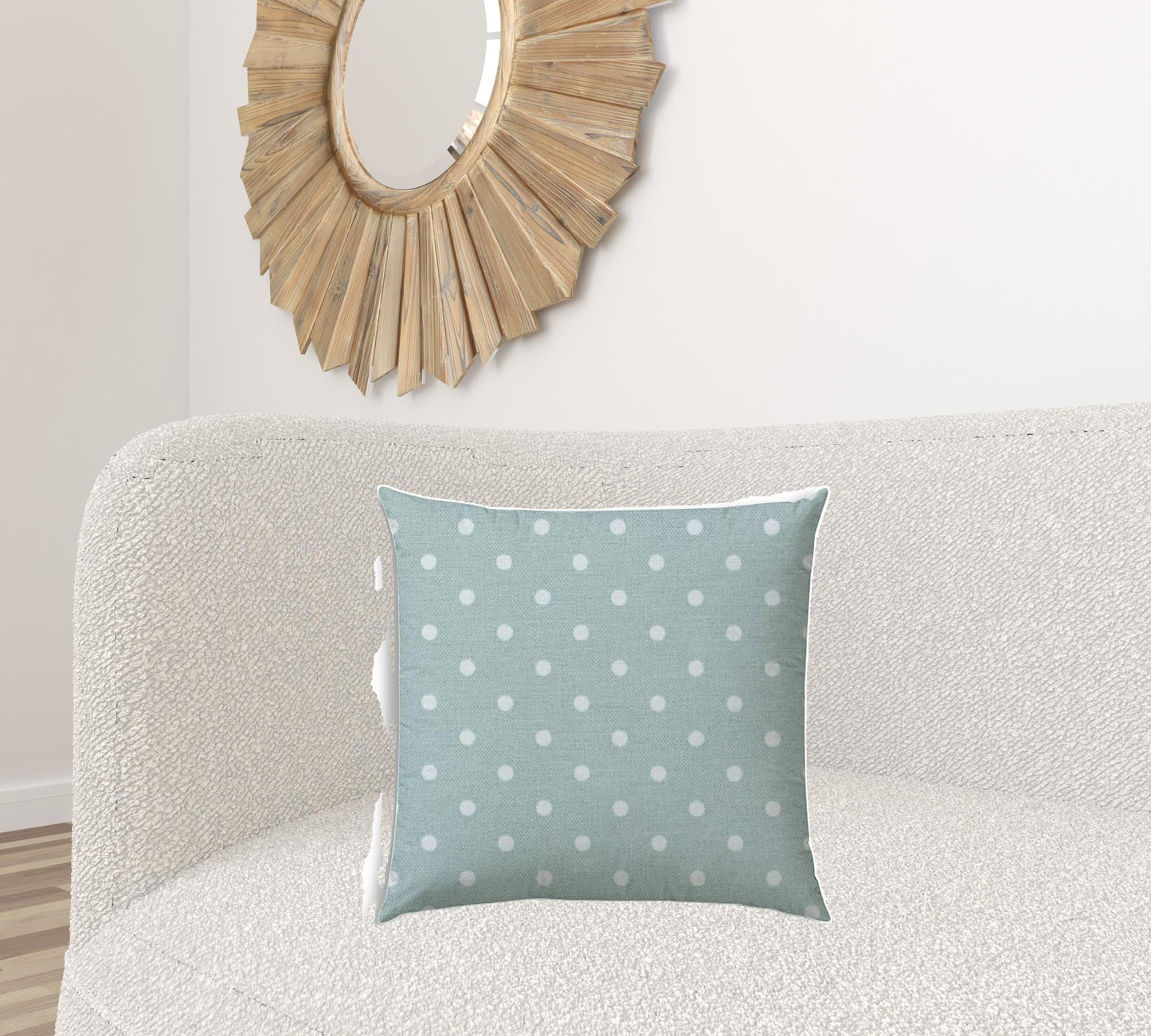 20" X 20" Seafoam And White Blown Seam Polka Dots Throw Indoor Outdoor Pillow