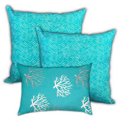 Set Of Three 18" X 18" Ocean Blue And White Corals Blown Seam Coastal Throw Indoor Outdoor Pillow