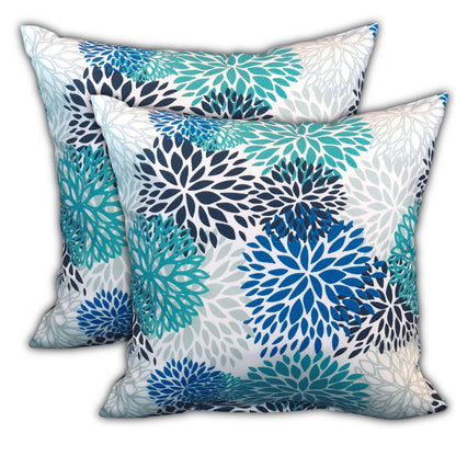 18" X 18" Blue And White Blown Seam Floral Throw Indoor Outdoor Pillow
