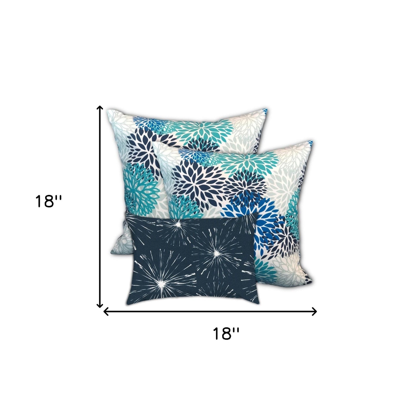 Set Of Three 18" X 18" Blue And White Blown Seam Floral Throw Indoor Outdoor Pillow