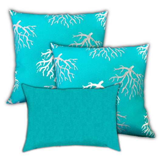 18" X 18" Ocean Blue And White Corals Zippered Coastal Throw Indoor Outdoor Pillow
