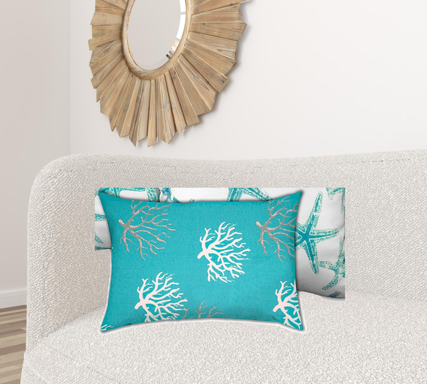 18" X 18" Ocean Blue And White Starfish Zippered Coastal Throw Indoor Outdoor Pillow