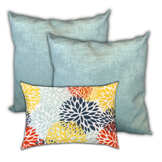 Set Of Three 18" X 18" Seafoam And White Zippered Floral Throw Indoor Outdoor Pillow