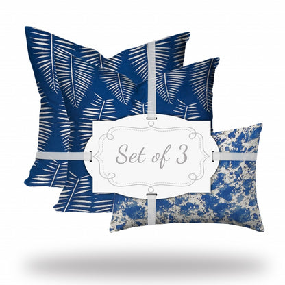 Set Of Three 20" X 20" Blue And White Enveloped Coastal Throw Indoor Outdoor Pillow