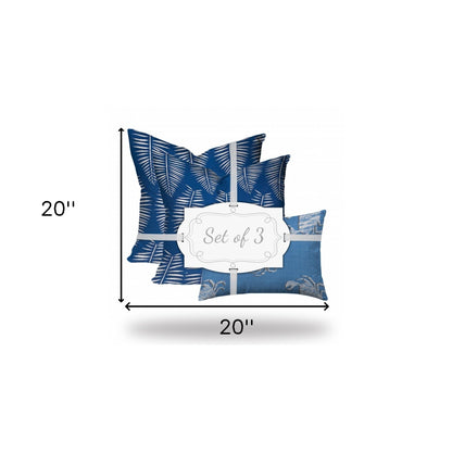 Set Of Three 20" X 20" Blue And White Enveloped Coastal Throw Indoor Outdoor Pillow Cover