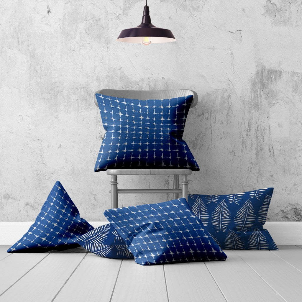 Set Of Three 20" X 20" Blue And White Blown Seam Gingham Throw Indoor Outdoor Pillow