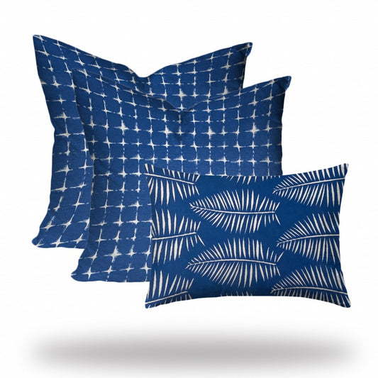 Set Of Three 20" X 20" Blue And White Enveloped Gingham Throw Indoor Outdoor Pillow