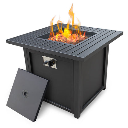 28" Black Square Propane Fire Pit with Lava Rocks and Cover