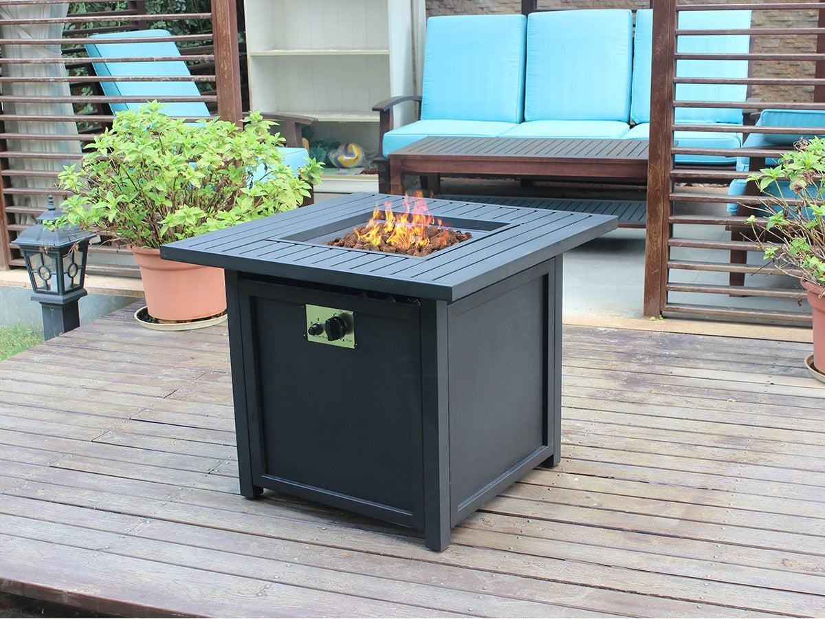 28" Black Square Propane Fire Pit with Lava Rocks and Cover