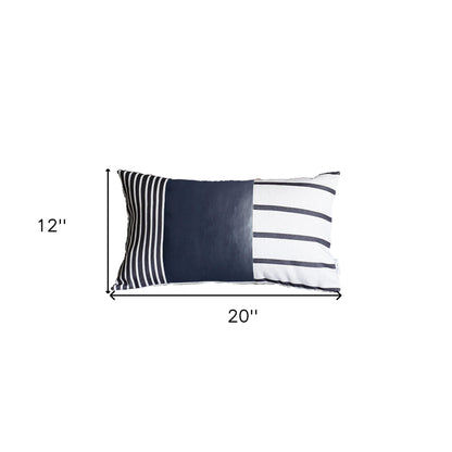 Set Of Two 12" X 20" Navy Blue Faux Leather Striped Zippered Pillow Cover