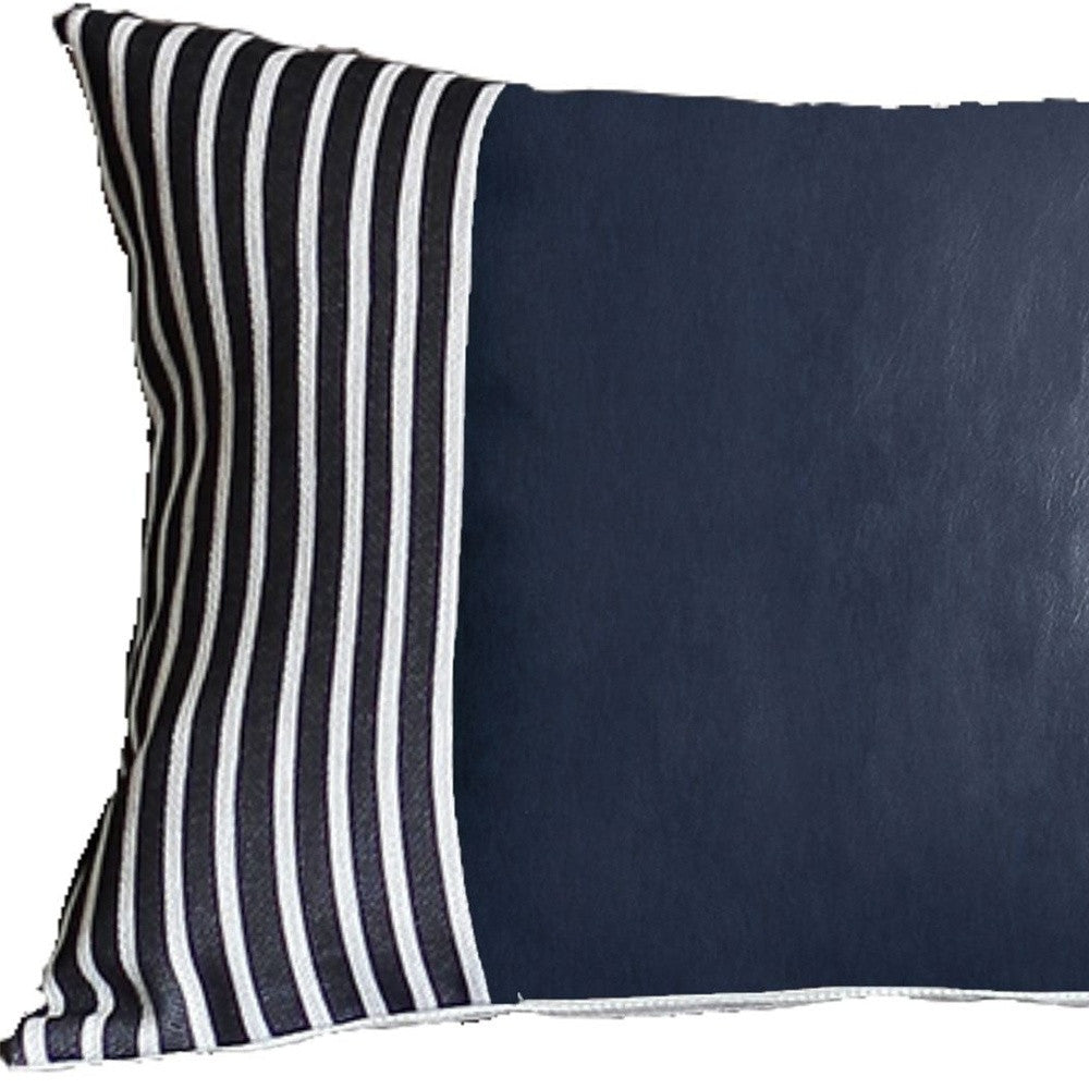 Set Of Two 12" X 20" Navy Blue Faux Leather Striped Zippered Pillow Cover