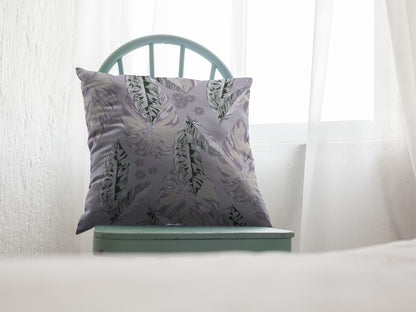 16” Blue Purple Tropical Leaf Zippered Suede Throw Pillow