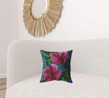 16” Pink Blue Hibiscus Zippered Suede Throw Pillow