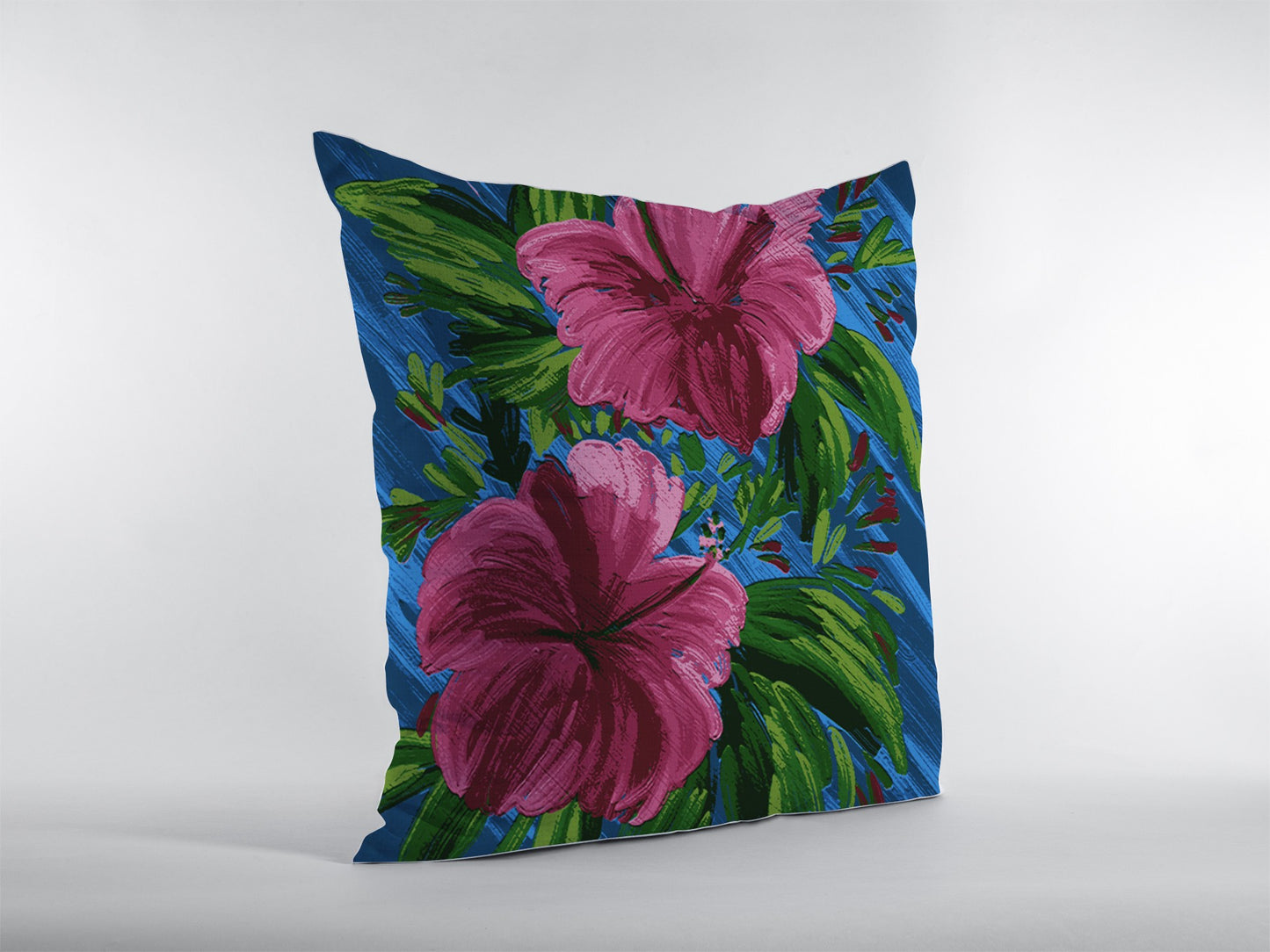 18” Pink Blue Hibiscus Zippered Suede Throw Pillow