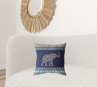 18” Navy Ornate Elephant Zippered Suede Throw Pillow