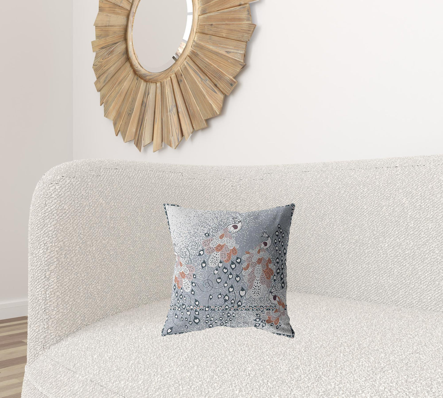 16” Gray Orange Boho Bird Zippered Suede Throw Pillow